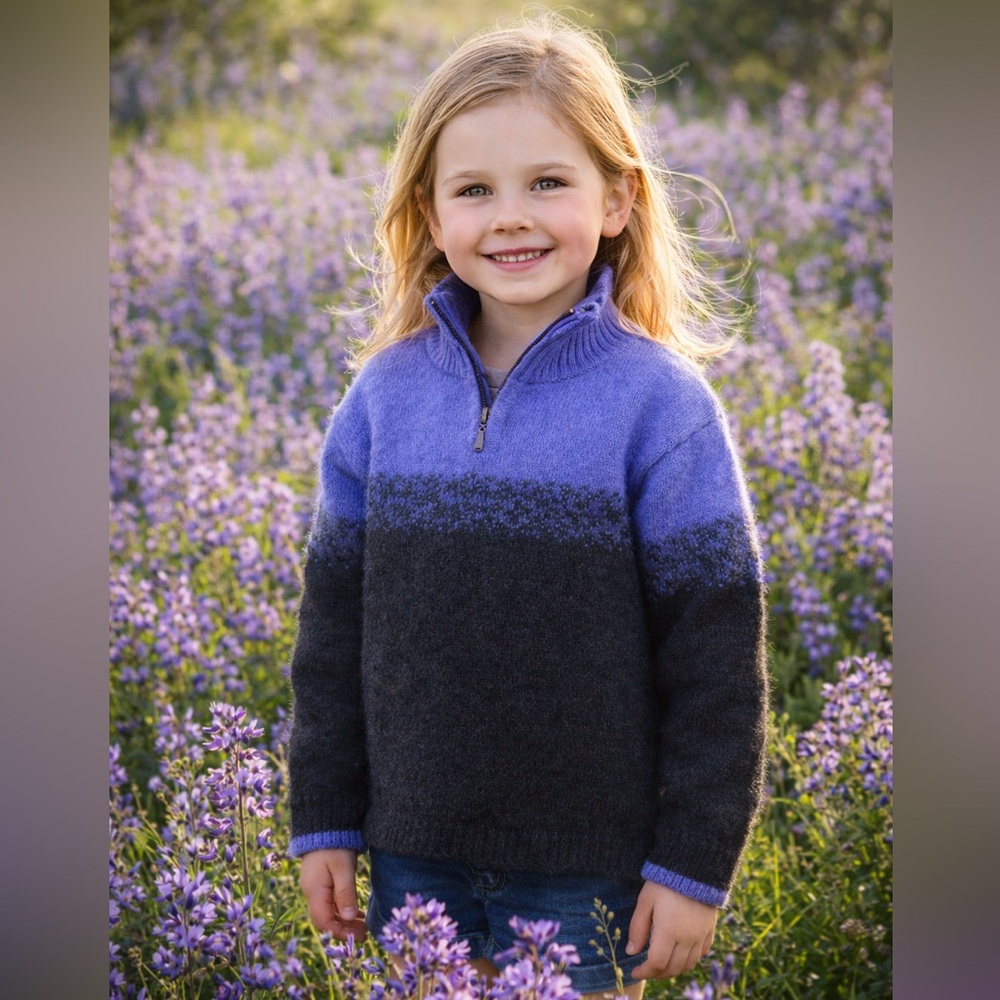Kids Alpaca Wool Half-zip Indigo and Black Knit Sweater Made in Peru